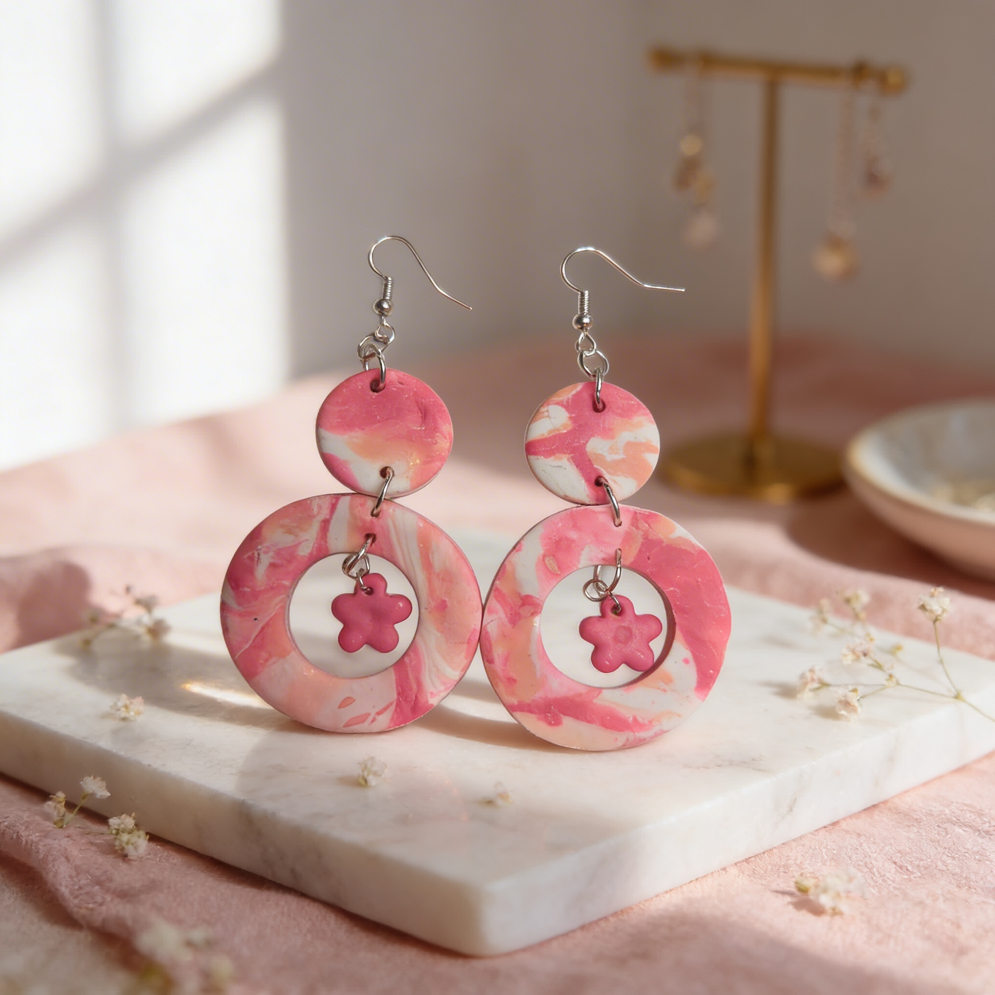 Pink blossom swirl statement earrings