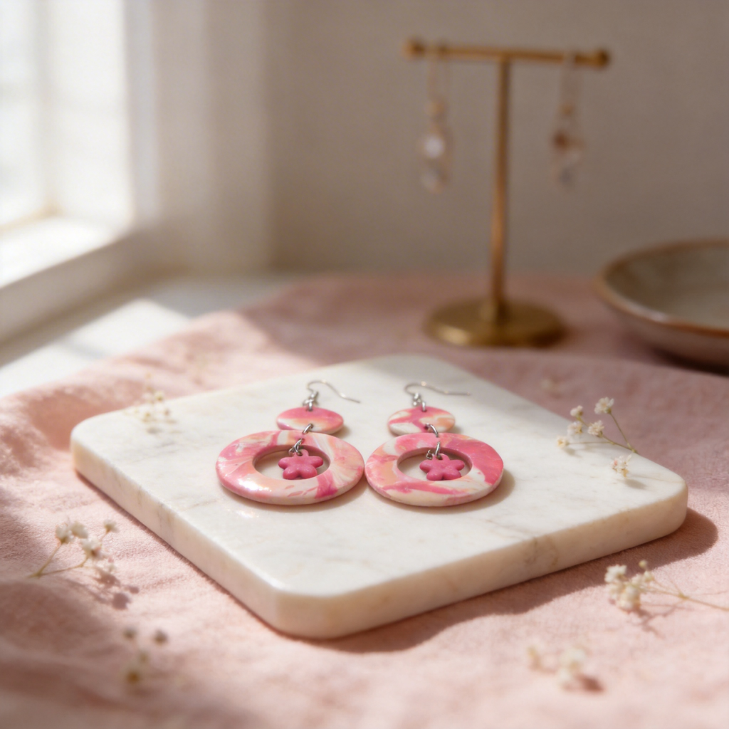 Pink blossom swirl statement earrings