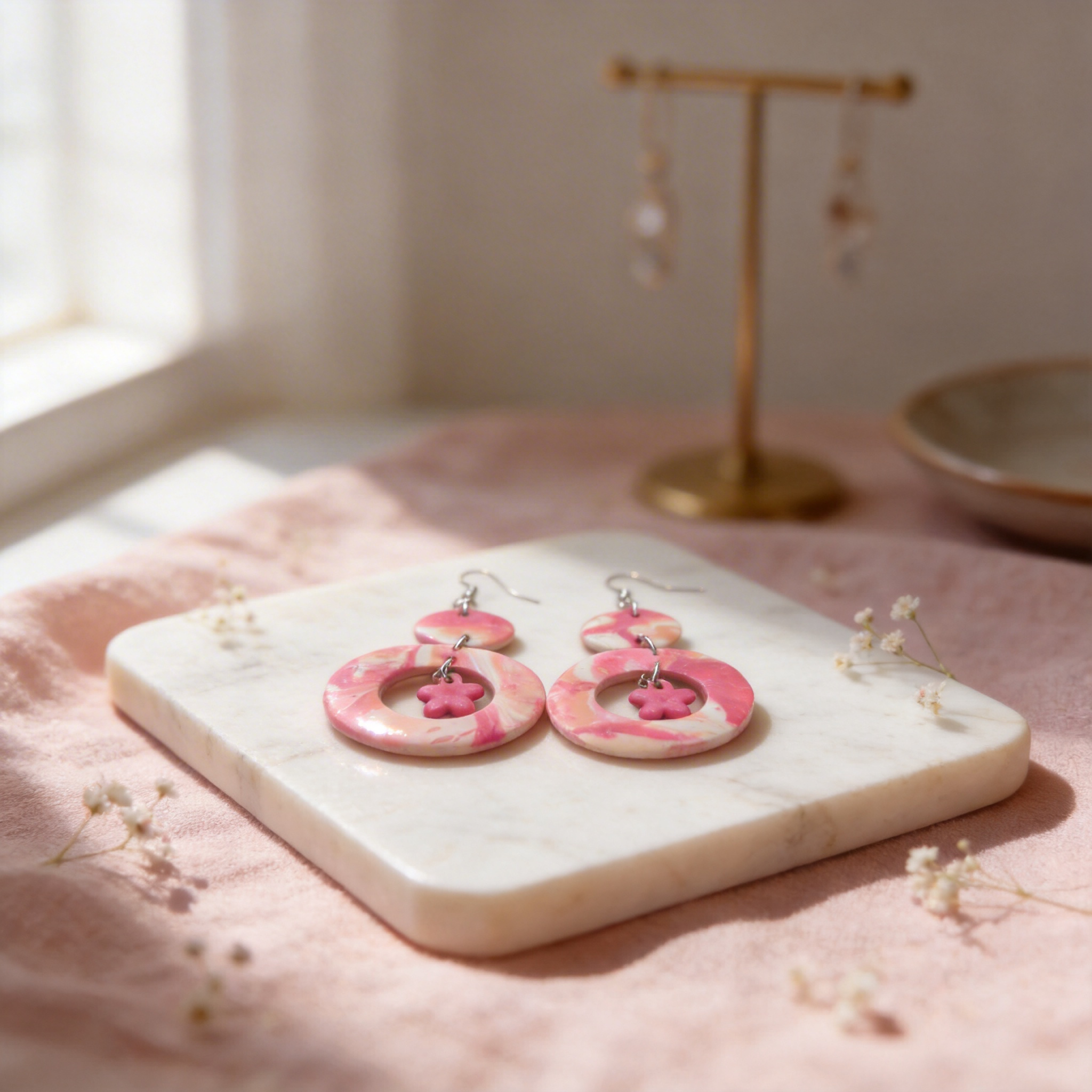 Pink blossom swirl statement earrings