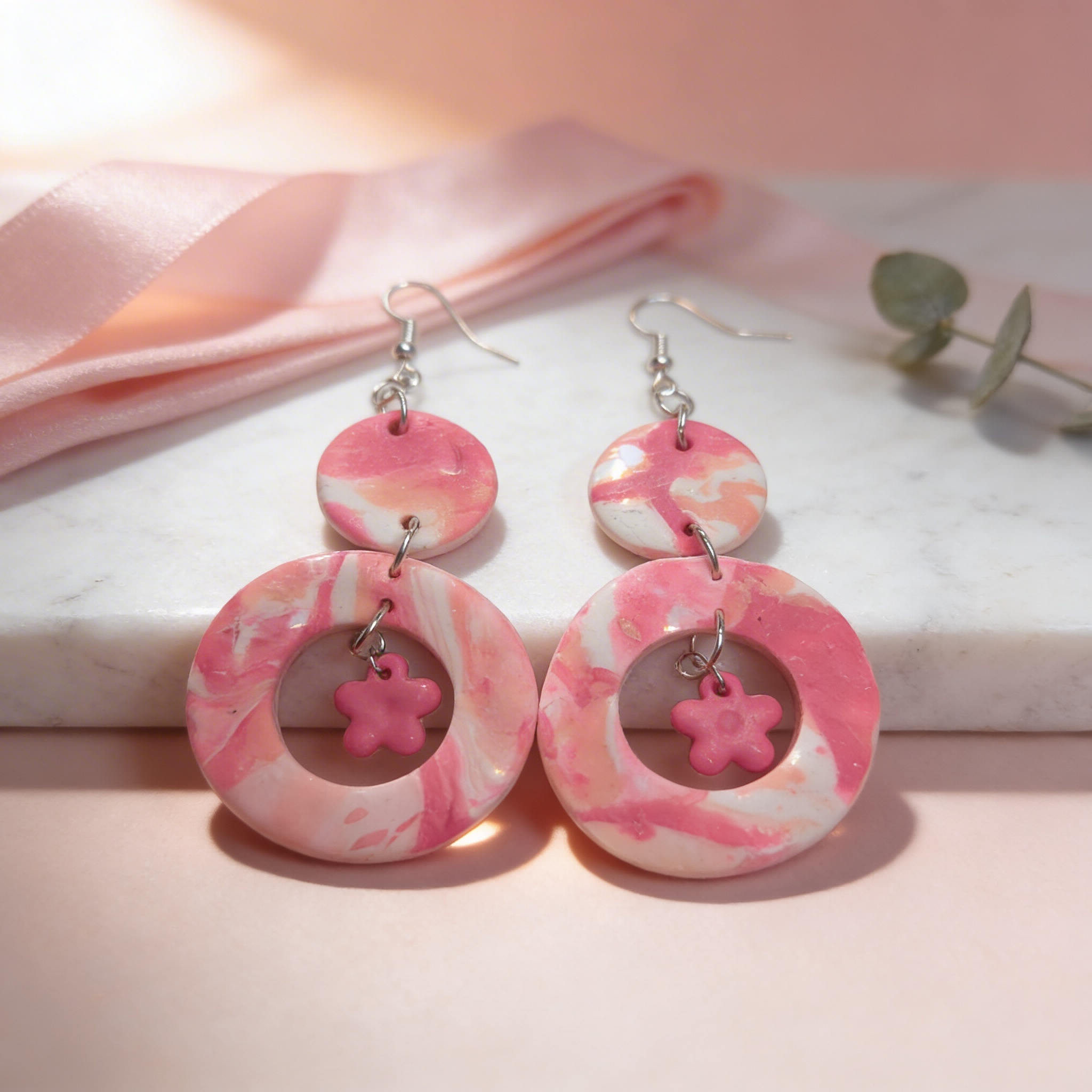 Pink blossom swirl statement earrings
