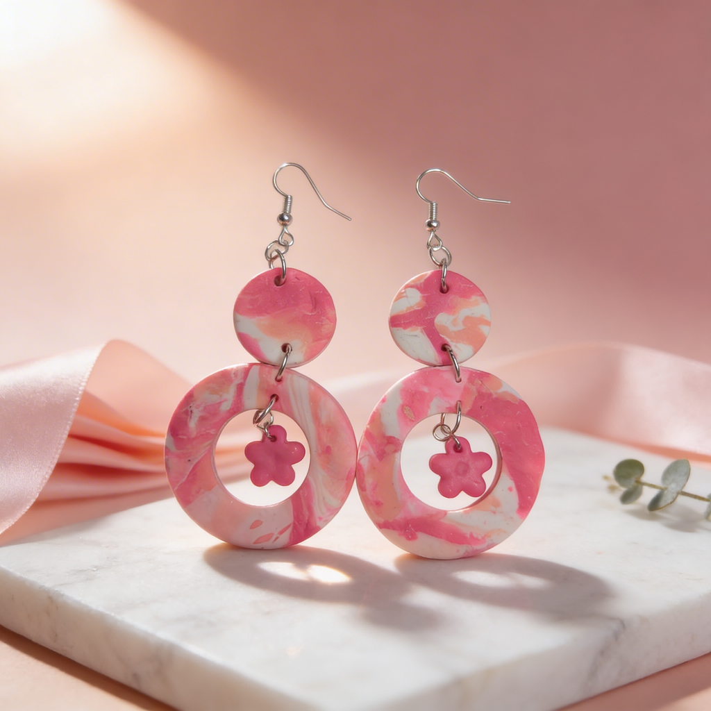 Pink blossom swirl statement earrings